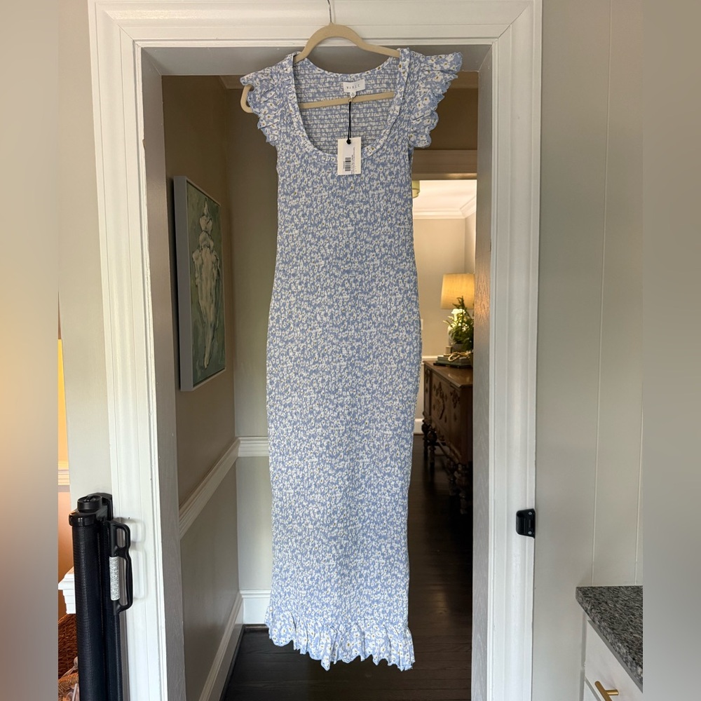 Worth Collective Sarah Smocked Midi dress with Ruffled Eyelet Trim in Light Blue